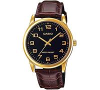 Casio MTP-V001GL-1B Men’s Quartz Watch Black Dial Brown Leather Strap - New
