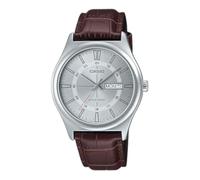 Casio MTP-V006L-7C Men's Leather Band 24 Hour Silver Index Dial Day Date 3-Hand Analog Watch, silver, casual