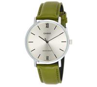 Casio MTP-VT01L-3B Men's Watch Minimalist Silver Dial Green Leather Analog