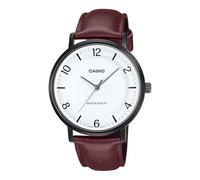 Casio MTP-VT03BL-7B Men's Minimalistic Black IP Brown Leather Band White Concave-Shaped Dial 3-Hand Analog Watch, black