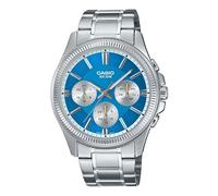 Casio MTP1375D-2A2V Men's Stainless Steel Fluted Bezel Multifunction Aqua Blue Dial Watch, Blue, Modern