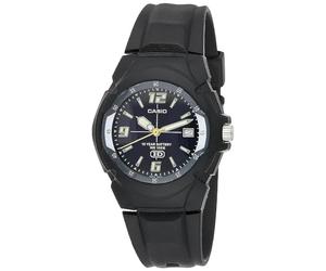 Casio MW600F Series Men’s Analog Watch - Black/Blue, 100M WR, Large Arabic Numerals, Resin Case, Spherical Glass, Resin Band, 3 Hands, Date Display, 10 Year Battery