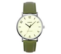 Casio Standard Analog Green Leather Strap White Dial MTP-VT03L-7B Mens Watch