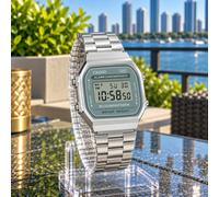 CASIO VINTAGE A168WA-3AYES UNISEX SILVER DIGITAL GREEN GREY DIAL RETRO WATCH NEW