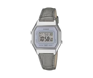 Casio Vintage LA680WEL-8A2DF Ladies Digital Watch 29mm Case, Grey Leather Strap, Silver Retro Watch, Stopwatch, Alarm, LED Light, Water Resistant