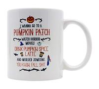Casitika Halloween Horror Movie Coffee Mug. I Wanna Go To a Pumpkin Patch Drink Spice Fall Mugs. 11 oz White Ceramic Novelty Murder Mug.
