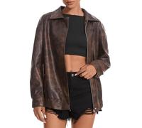 Casly Lamiit Women's Faux Leather Jackets Long Sleeve Zipper Oversized Motorcycle Biker Coat Trendy Travel Casual Outfits, Brown, Small