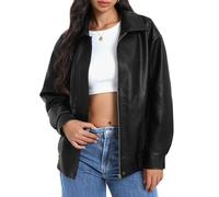 Casly Lamiit Women's Faux Leather Jackets Long Sleeve Zipper Oversized Motorcycle Biker Coat Trendy Travel Casual Outfits, Black, Small