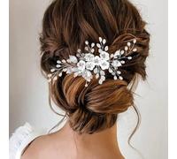 CASOLVX Handmade Silver Leaf Pearl Hair Comb White Polymer Clay Flower Crystal Hairpin Silver Bridal Hair Accessories Bridal Wedding Accessories Bridesmaids Gift for Women,Bridal and Bridesmaid