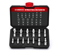 CASOMAN 13PCS 1/4" & 3/8" Drive Universal External Star Socket Set, E4 to E24, CR-V, Swivel Head, 360 Degree Access, with Sturdy Molded Case
