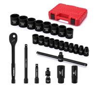 CASOMAN 26 PCS 3/8" Drive Metric Shallow Impact Socket Set, 6-Point, 6mm to 24mm, with Adapters, Spark Plug Sockets, Extensions and Ratchet Wrench, CR-V