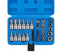 CASOMAN 3/8-Inch Dr. Torx Bit Socket and E-Torx (Star) Socket Set, 34PCS Set, Cr-V E Socket Set E4-20, S2 Torx Bit Socket Set T10-60, Tamper Proof Torx Bit Set TT10-TT55, 5/16" F to 3/8" M Adapter