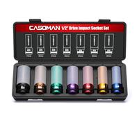 CASOMAN 7PCS 1/2" Drive Deep Lug Nut Impact Socket Set, Non-marring & Thin Wall Wheel Protector, Color-Coded, 85mm Length, 6 Point, Metric, CR-MO
