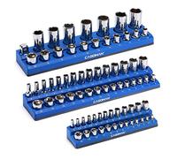 CASOMAN Magnetic Socket Organizer, 3 Piece SocketHolder Kit, 1/2-inch, 3/8-inch, 1/4-inch Drive, Holds 75 Metric, Blue Color, Professional Quality Tools Organizer, Socket Not Included