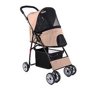 CASOTA Pet Travel Stroller Dog Trolley Shockproof Folding Stroller 4-Wheeled Trolley,Beige