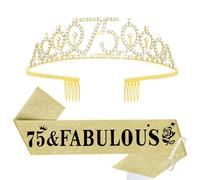 Casoty Gold 75th Birthday Sash and Tiara, 75th Birthday Decorations for Women, Crown and 75 & FABULOUS Sash, Party Supplies Favors for Women, Gifts for Her