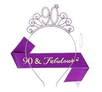 Casoty Purple 90th Birthday Sash and Tiara for Women, 90th Birthday Decorations Women, 90 and Fabulous Sash and Crown Set, Happy 90th Birthday Party Supplies, Womens 90th Birthday Gifts