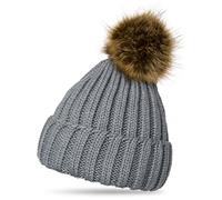 CASPAR Womens Winter Rib Knitted Hat/Beanie with Chunky Faux Fur Bobble Pom Pom - many colours - MU054, Colour:grey