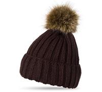 CASPAR Womens Winter Rib Knitted Hat/Beanie with Chunky Faux Fur Bobble Pom Pom - Many Colours - MU054, Colour:Dark Brown