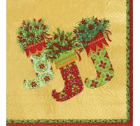 Caspari Entertaining with Caspari Decorative Stockings Paper Cocktail Napkins, Pack of 20, Gold