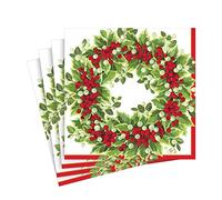 Caspari Holly and Berry Wreath Merry Christmas Luncheon Paper Table Napkins 20 in a Pack 33cm Square