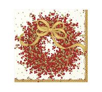Caspari Pepperberry Red Wreath Christmas Napkins Lunch size 33cm square 20 in pack 3 ply