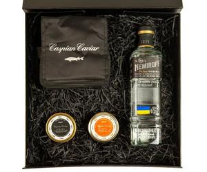 Caspian Caviar Keta & Caviar Luxury Gift Set | Premium House Selection Caviar 50g & Grade 1 Wild Alaskan Keta Roe 100g | Includes Nemiroff Vodka 70 legant Magnetic Black Gift Box