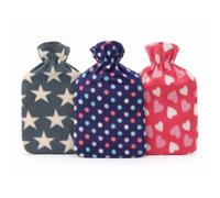 Cassandra Fleece Hot Water Bottle with Cover - Soft Plush Fabric, Heart, Star & Spot Designs, Natural Rubber Bottle Included (Designs May Vary)