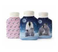 Cassandra Penguin Design Hot Water Bottle with Cover - Soft Fleece Winter Scene Print, Natural Rubber Bottle Included (Designs May Vary)
