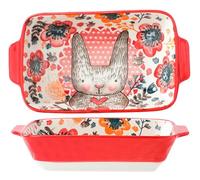 Casserole Dish Small Ceramic Rectangular Baking Dish Oven Dish with Ceramic Handles, Ideal for Souffle Creme Brulee Lasagne Tiramisu Pudding Microwave Safe (Long-Ear Rabbit)