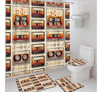 Cassette Shower Curtains Set Retro Vintage Music Notes Sound Wave Summer Orange Washable with Hooks Printed Bathroom Curtains and Rugs for Bathtub and