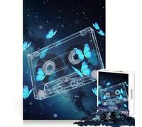 Cassette Tape with Blue Butterflies Teenager Jigsaw Puzzles 1000 Pieces Focus Training Calm Distraction Tight Join Ideal Present (38x26cm)