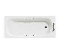Cassia Anti Slip Straight Single Ended Steel Bath with Chrome Grips and 2 Tap Holes including Legs | White | 1600mm x 700mm