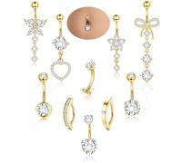 CASSIECA 10PCS 14G Belly Button Ring Dangle Navel Piercing Jewelry Cute CZ Butterfly Heart Bow Flower Clicker Belly Rings for Women Hypoallergenic Stainless Steel Dainty Dangling Piercing, Metal