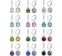CASSIECA 12 Pairs Leverback Dangle Earrings for Women Stainless Steel Dangle Hoop Earrings Set Multi Colored 8mm Cubic Zirconia Earrings, Silver (YJOU-01YM-267S-S)
