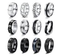 CASSIECA 12 Pcs Silver Black Rings for Men Stainless Steel Spinner Fidget Rings Matte Finish Polished Band Rings Chain Celtic Bottle Open Rings Wedding Engagement Promise Rings Size T1/2