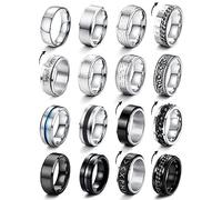 CASSIECA 16-Piece Silver & Black Stainless Steel Spinner Rings - Matte & Polished Men's Celtic & Viking Wedding & Engagement Rings