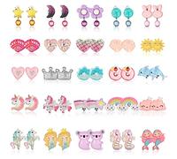 CASSIECA 25 Pairs Girls Clip On Earrings for Kids Toddler No Pierced Princess Play Earrings Dress Up Jewelry Set Cute Bling Mermaid Butterfly Rainbow Flower Heart Clips Birthday Christmas Gifts