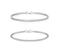 CASSIECA 2Pcs Mens Silver Bracelet Stackable Chain Bracelet for Men Boys Mens Bracelets Stainless Steel Cuban Snake Link Chain Bracelets Set 21CM Gifts for Men Dad Husband Son