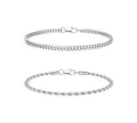 CASSIECA 2Pcs Silver Chain Bracelet for Men Boys Stackable Stainless Steel Cuban Rope Link Bracelets Set 21CM Gifts for Dad Husband Son