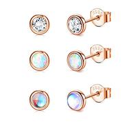 CASSIECA 3 Pairs 925 Sterling Silver Stud Earrings for Women Girls Kid Moonstone Earrings Opal Cubic Zirconia Earrings Tiny Small Earrings Set Hypoallergenic Earrings CZ Piercing Jewelry Gift Size 4mm