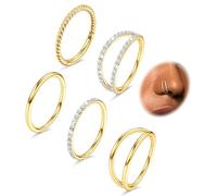CASSIECA 5Pcs 18G 16G Surgical Steel Nose Rings Hoop for Women CZ Clicker Hinged Septum Ring Lip Helix Cartilage Double Hoop Earring Daith Rook Conch Body Piercing Jewelry for Women 8mm 10mm, Metal