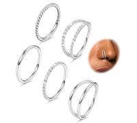 CASSIECA 5Pcs 18G 16G Surgical Steel Nose Rings Hoop for Women CZ Clicker Hinged Septum Ring Lip Helix Cartilage Double Hoop Earring Daith Rook Conch Body Piercing Jewelry for Women 8mm 10mm, Metal