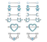 CASSIECA 6 Pairs 14G Nipple Bars Blue Nipple Piercing Jewellery Surgical Steel Heart Butterfly Dangly Barbells Moon Body Piercing Barbell