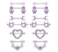 CASSIECA 6 Pairs 14G Nipple Bars Nipple Bar Purple Nipple Piercing Jewellery Surgical Steel Nipple Piercing Kit Tongue Bar Set Cute Butterfly Dangly Barbells Heart Flower Moon Body Piercing Barbell