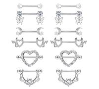 CASSIECA 6 Pairs 14G Nipple Piercing Jewellery - 316L Surgical Steel Nipple Bars - Women's Piercing Kit - Butterfly, Dangly, Barbells, Heart, Flower, Moon Bars