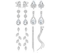CASSIECA 6 Pairs Clip On Earrings for Women Silver Rhinestone Tassle Non-Piercing Earrings for Brides Bridesmaids Brilliant Diamond Dangle Jewelry