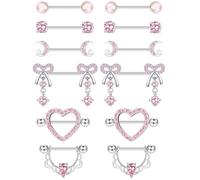 CASSIECA 6Pairs Nipple Piercing Jewellery 316L Surgical Steel Nipple Bars Nipple Rings Pink Moon Cubic Zirconia Heart Bow Nipple Piercings Barbell Body Jewellery Piercing 14G 16-18mm