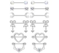 CASSIECA 6Pairs Nipple Piercing Jewellery 316L Surgical Steel Nipple Bars Nipple Rings Silver Moon Cubic Zirconia Heart Bow Nipple Piercings Barbell Body Jewellery Piercing 14G 16-18mm