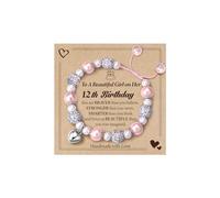 CASSIECA Birthday Gifts for 12 Year Old Girls, Pink Pearl & CZ Ball Bracelets Adjustable with Heart Charms for Twelve Year Old Girl Gifts, Girls Gift Age 12 for Daughter Niece (Gift Box Given)
